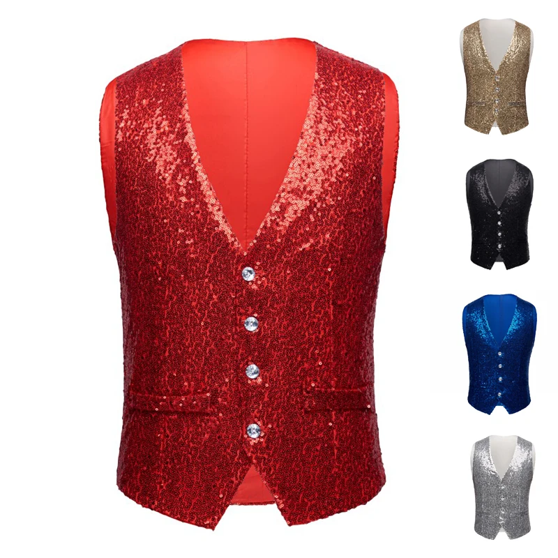 

2020New Men Fashion Sequin Blazers Vest Gliter Suit Vest Nightclub DJ Stage Clothes Shiny Gold Sequin Bling Glitter Vest
