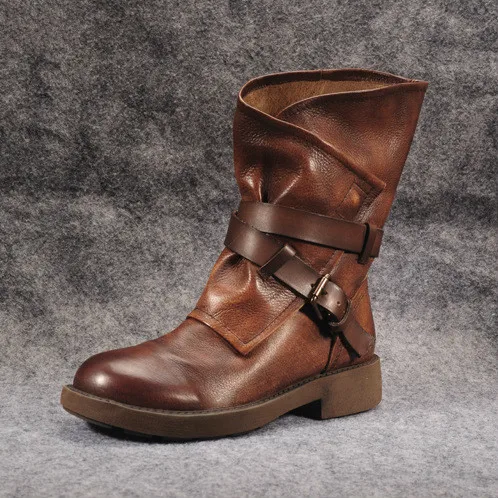 

Autumn Winter Faux Leather Boots Women Mid Heels Zipper Vintage Martin Boots Buckle Strap Platform Ladies Shoes Botas 2019