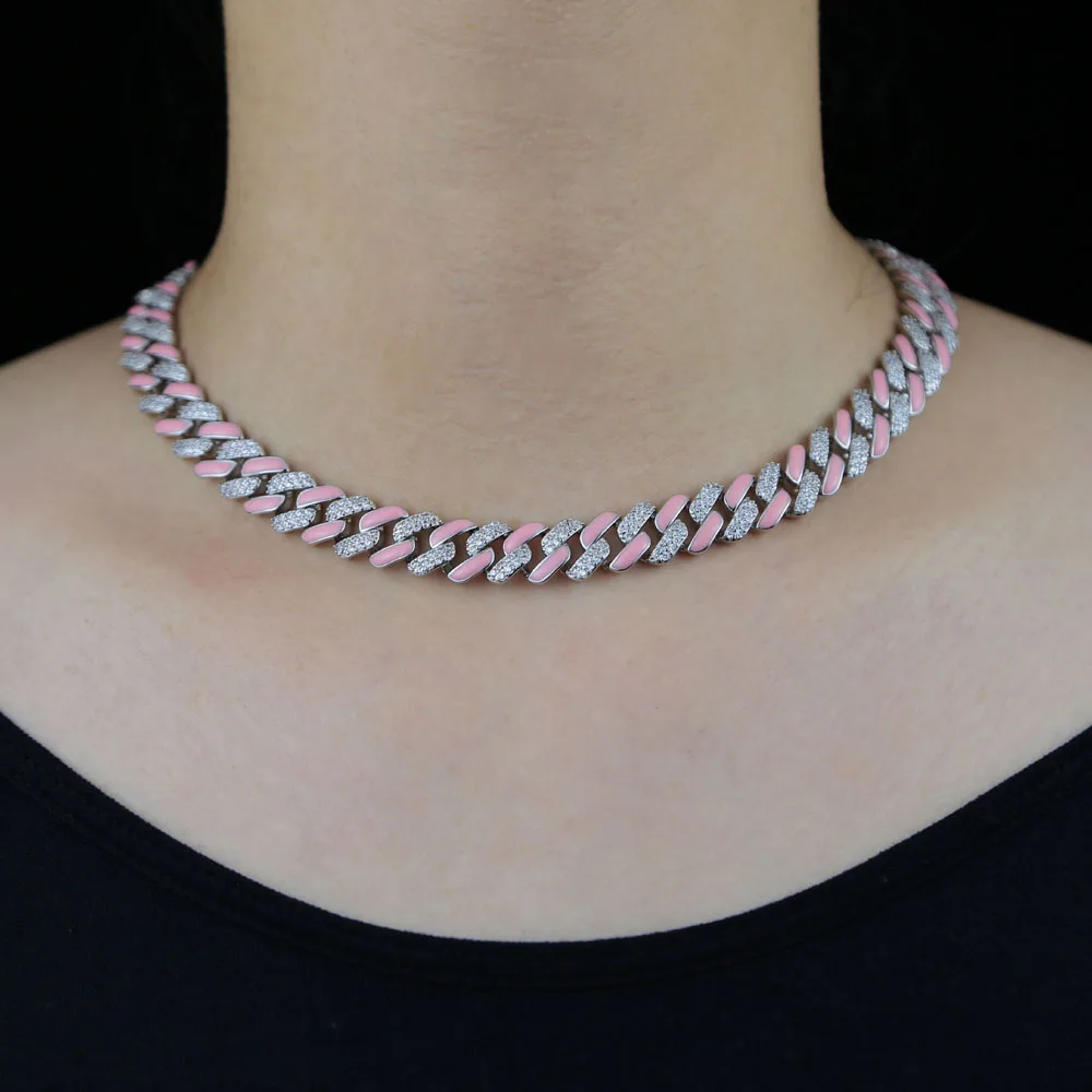 rainbow pink red half enamel half cz cuban link chain choker women