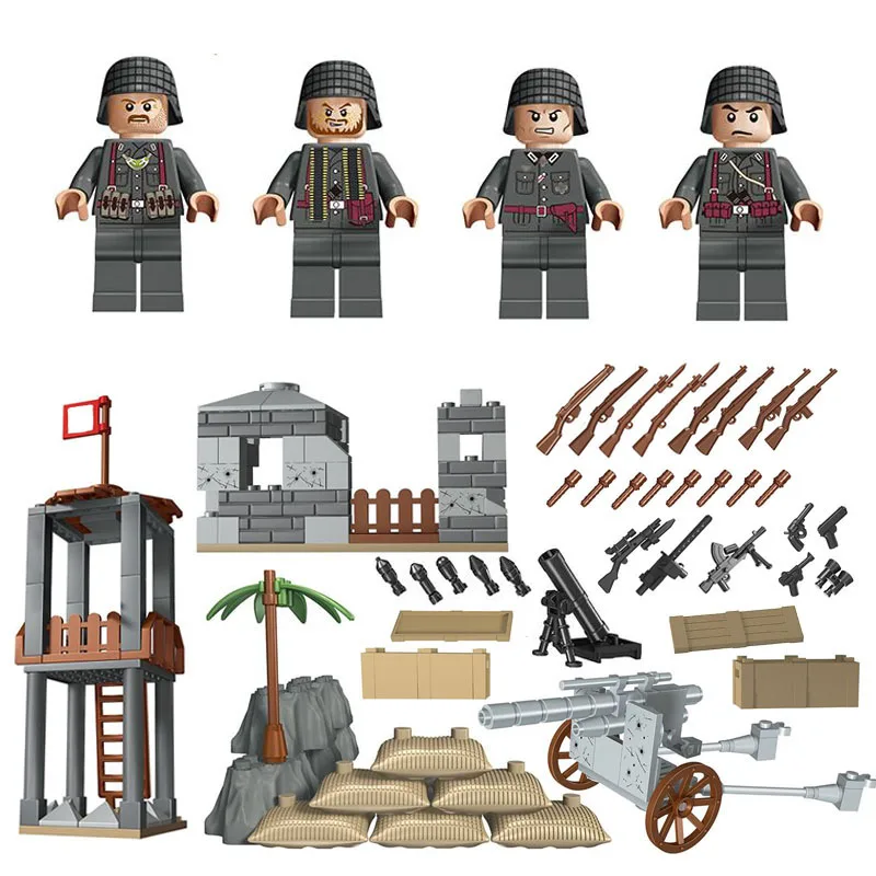 WW2 военные немецкие армейские солдатики строительные блоки WW2 Сторожевая Башня защита с песком оружие аксессуары кирпичи игрушки подарки для детей