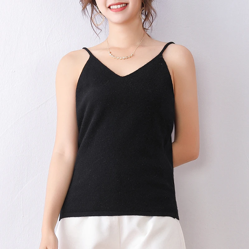 sexy tank top women black wool knitted tanks v-neck high quality basic shirt spring warm short top knitwear sleeveless
