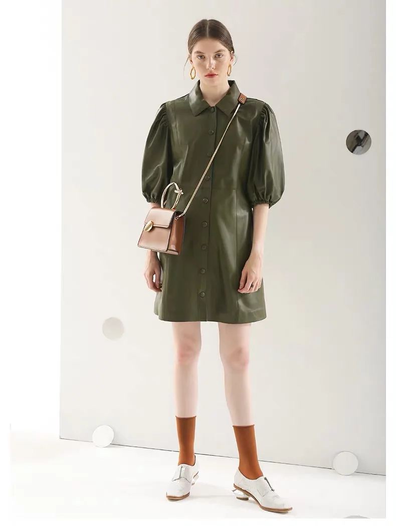 Pinkoz Платье из искусственной кожи для женщин воротник с лацканами пышные рукава Высокая талия мини армейский зеленый платья для женщин Весенняя мода Новинка