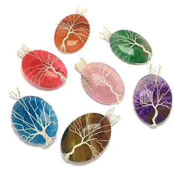 

Natural Stone Pendant Color Wire Wrap Elliptical Shape Pendants For Jewelry Making DIY Necklace Accessories