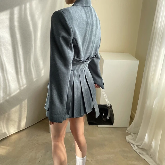 TWOTWINSTYLE Korean White Pleated Dress For Women Notched Long Sleeve High Waist Sashes Slim Mini Dresses Female 2021 Summer New 4