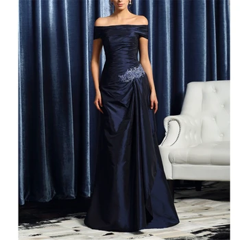 

Exquiste Blue Taffeta Women's Dress For Godmother A-line Off The Shoulder Beading Ruffles Appliques Sweep Train Mother dresses