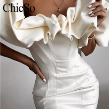 MissyChilli, белое короткое платье с открытыми плечами и рюшами, женское элегантное облегающее платье с высокой талией, весенне-летнее платье для вечеринки, новое праздничное платье