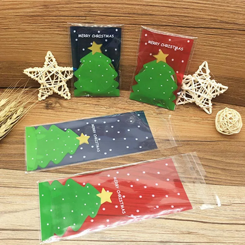 

100 Pcs Christmas Cookies Bags Transparent Red Blue Christmas Tree Self-adhesive Bags DIY Gift Packaging Bag For Children