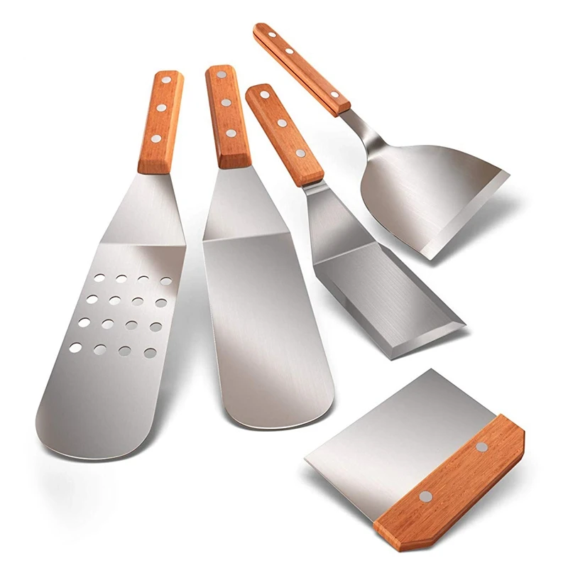 Griddle Accessory Tool Stainless Steel Metal Shovel with Wooden Handle for Barbecue Trays Dough Scraper Baking Tray B |
