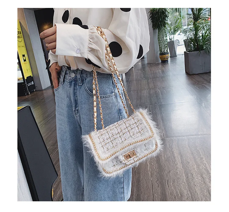 2019 Winter Top Brand Luxury Design Handbag Purse for Women Classic Tweed Flap Shoulder Bag Ladies Wool Plaid Mini Crossbody Bag (11)
