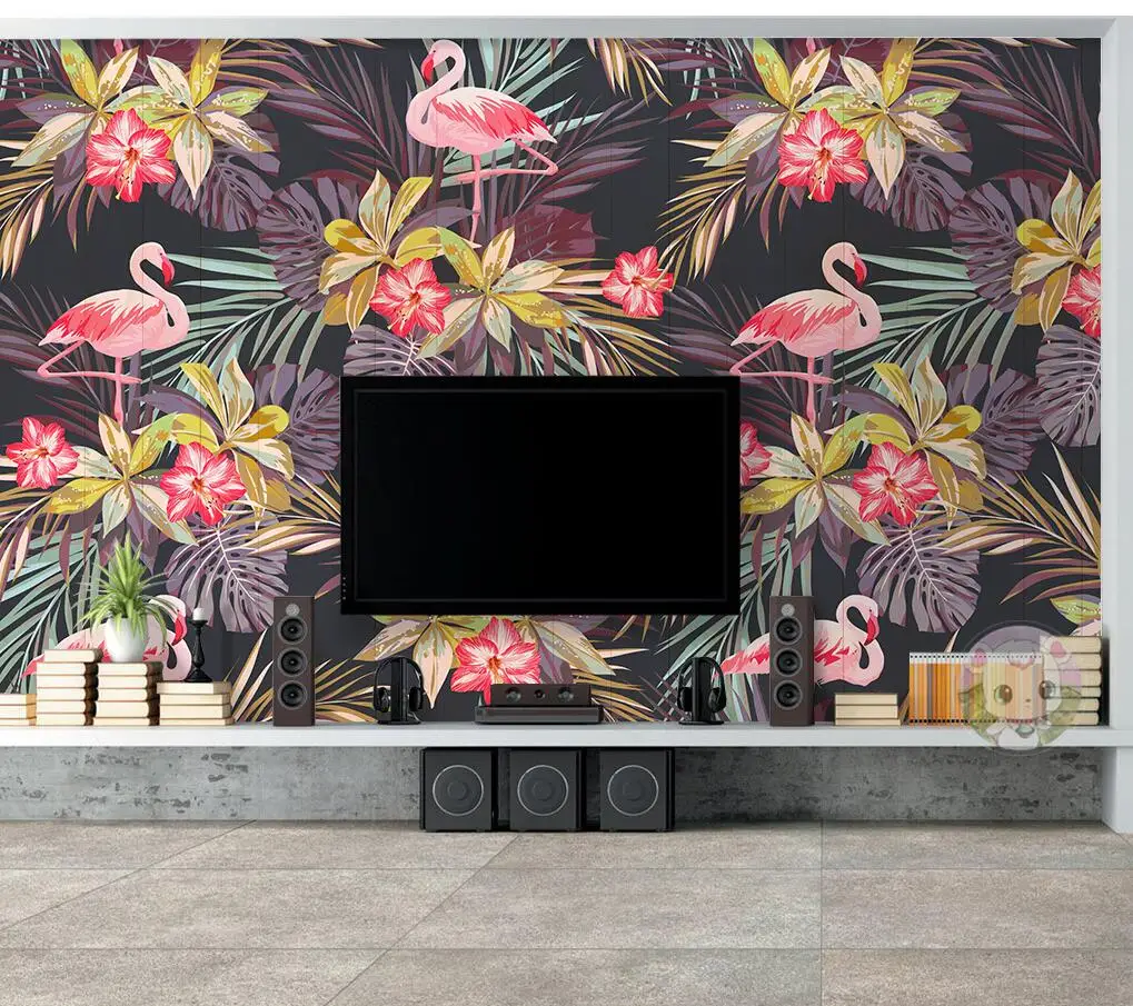 Custom size wallpaper mural flamingo tropical plants black background wall home decoration living room bedroom 3d wallpaper