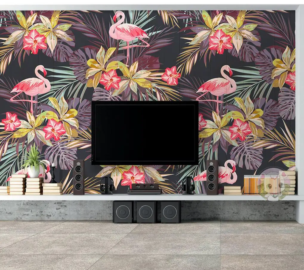 

Custom size wallpaper mural flamingo tropical plants black background wall home decoration living room bedroom 3d wallpaper