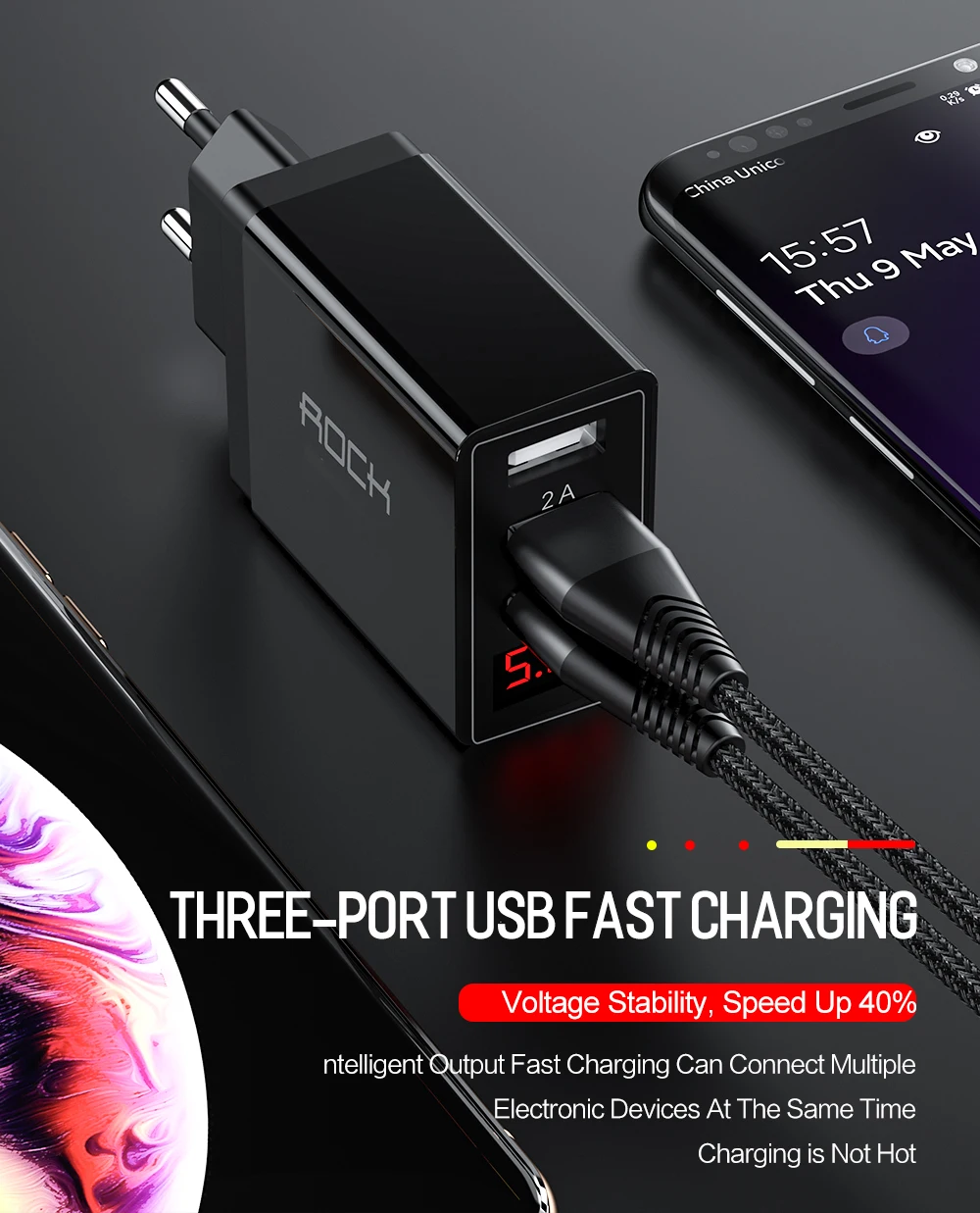ROCK Quick Charge 3,0 зарядное устройство для телефона USB 30 Вт QC3.0 светодиодный светильник дисплей QC Turbo Быстрая зарядка для iPhone Xiaomi Mi 9 huawei P30 Pro