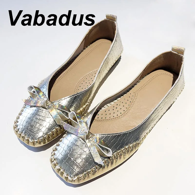 Женские лоферы с бантом Vabadus золотистые/серебристые балетки квадратным носком
