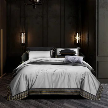 

4Pcs 600TC Egyptian Cotton Duvet Cover Bed sheet set Queen King size Silky Soft Business Style Silver Grey Hotel Bedding Set Man