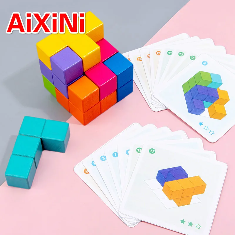 

Kids Wooden toys 3D Puzzle Logic Game 3D Spatial Thinking DIY Table Game Wooden Puzzles Cube Edcuational Toys for Children