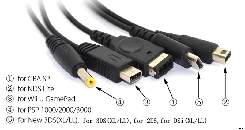 100 шт. 5 в 1 usb зарядный кабель для nintendo GBA SP зарядный кабель для WII U для 3DS NDSL