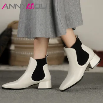 

ANNYMOLI Real Leather Mid Heel Ankle Boots Women Chelsea Boots Shoes Thick Heels Slip On Short Boots Autumn Winter Beige Brown