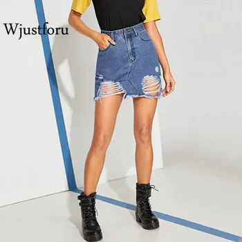 

Wjustforu Elastic Stretch Denim Skirt For Women Sexy Party Club Mini Dress Casual Mid Waist Royal Blue Zipper Denim Skirt Female