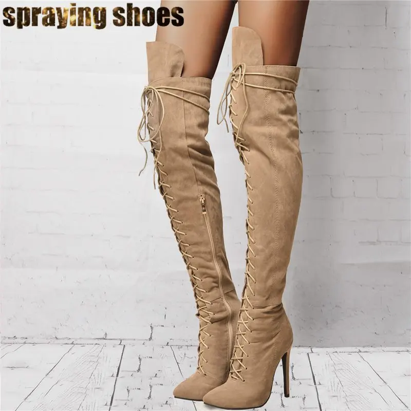 

Fashion Women Winter Boots Cross Strappy Over The Knee High Heel Boots Sexy Ladies Thigh High Boots Black/Khaki/Burgundy/Gray