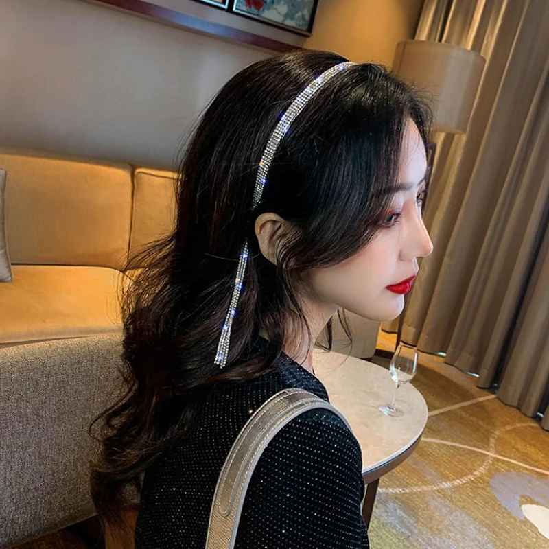 

Korean Tassel Crystal Headband for Women Designer Sense Shiny Simple Princess Fake Earrings Headdress Hair Accessories 2021 New