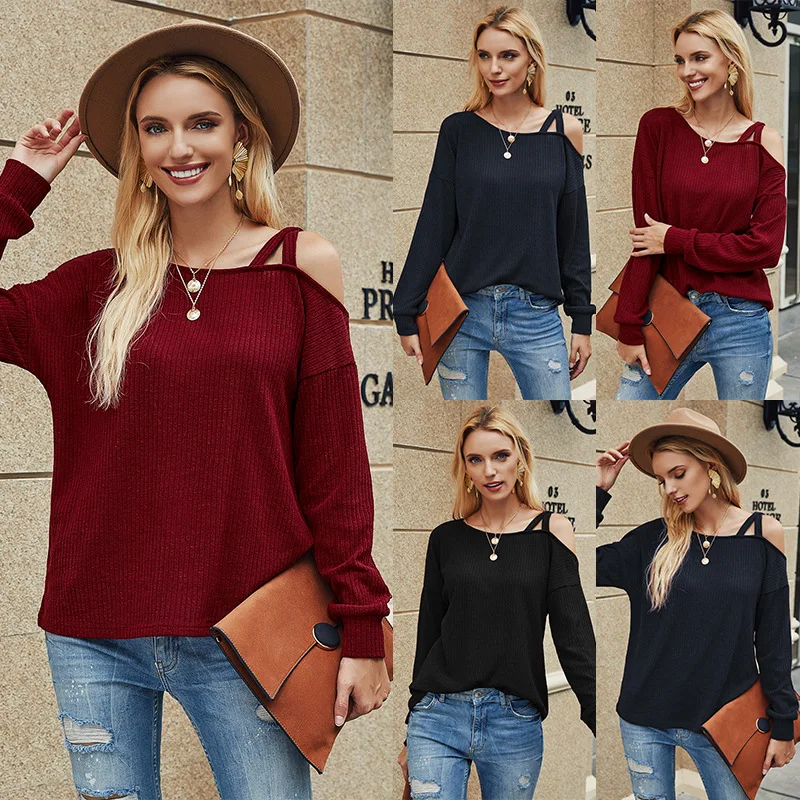 

Shoulder Strap T-shirt 2020 New Women's Autumn and Winter Word Collar Long-sleeved Strapless Knitted Casual Solid Full Regular