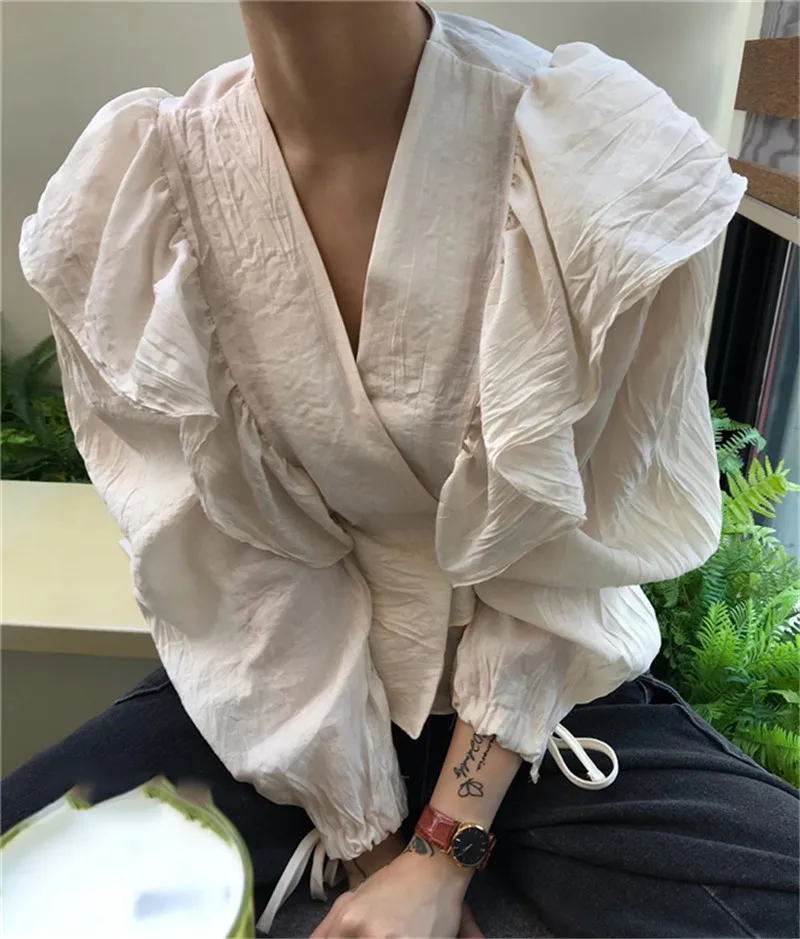 RUGOD Весна Harajuku блузка с оборками Женские блузки с длинным рукавом элегантный топ корейская модная одежда женские рубашки Повседневная рубашка