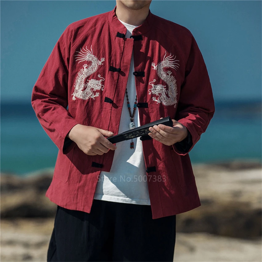 

Tang Suit Hanfu Male Chinese Style Embroidery Kung Fu Red Jacket Traditiinal Chinese Clothing for Men Vintage Top Dragon Shirts