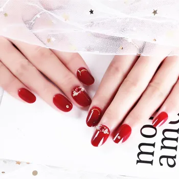 

White Short round-Toe Bride Wearable Manicure Women Usable Jelly Glue Manicure Patch Wine Red Zircon 252