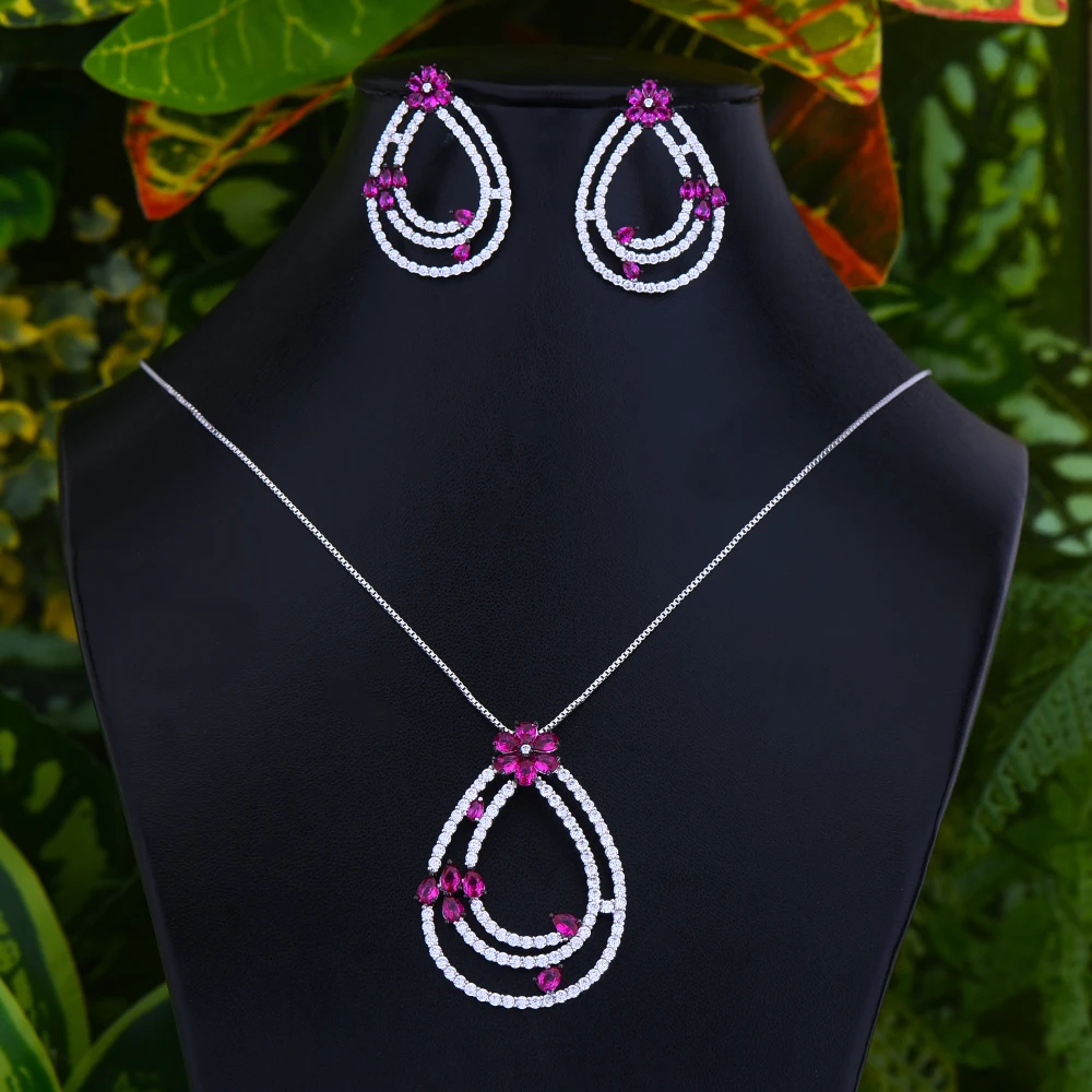 Hot Pink GODKI Роскошные цветы кубический циркон индийское ожерелье серьги Ювелирные наборы для женщин Свадебные индийские Дубай Свадебные Ювелирные наборы - Окраска металла: Hot Pink