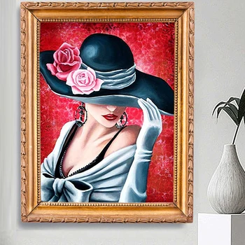 

Sale 5D Diy diamond painting kit handmake decorative painting cross stitch diamond embroidery beadwork Woman Wearing Hat Decor