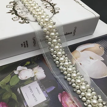

2 Yards White Pearls Lace Trim Rhinestone Collar Crystal Chain Trimming African Lace Sewing Material for Wedding Dress Clothes