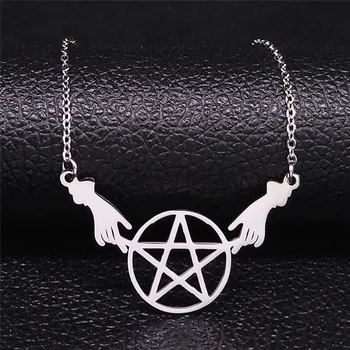 

Witchcraft Pentagram Hands Stainless Steel Statement Necklace Women Silver Color Necklaces & Pendants Jewelry collares N4223S02