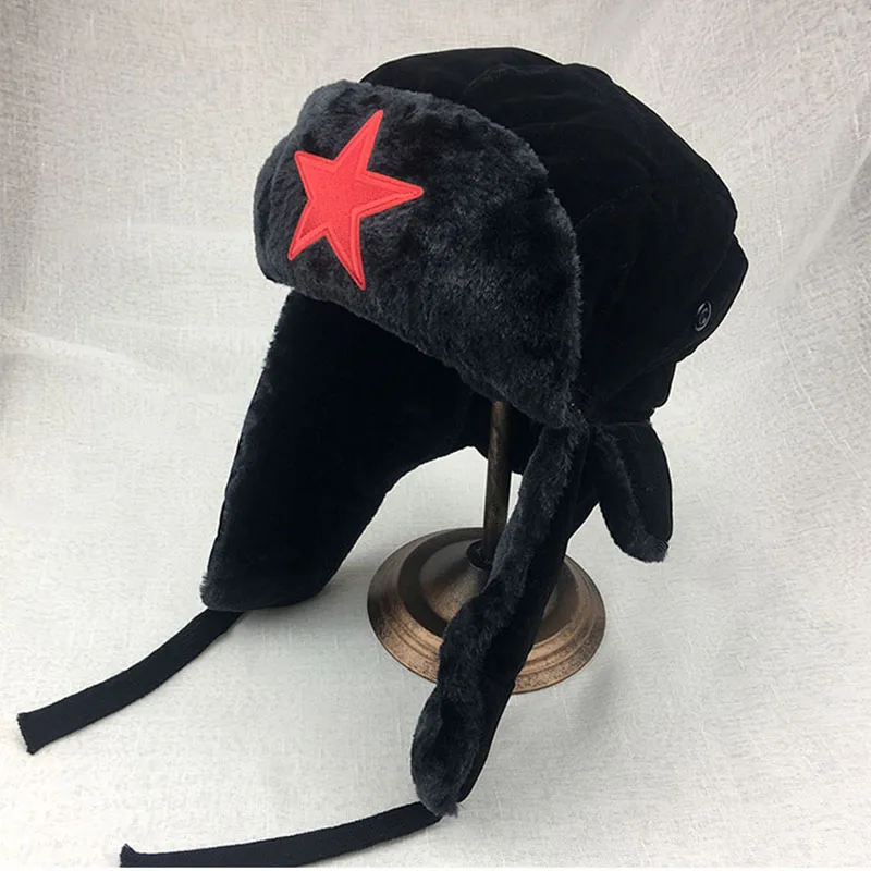 Осенне-зимняя плотная теплая шапка-бомбер унисекс для взрослых и детей, красные шапки-ушанки с пятиконечной звездой в русском стиле, черная шапка-ушанки авиатора