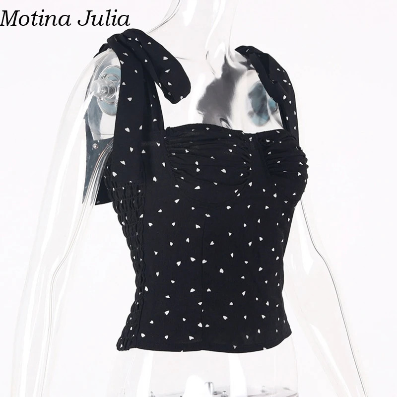 Motina Julia, сексуальный укороченный топ с принтом сердца и бантом, Женский Летний шифоновый короткий элегантный топ для фитнеса, повседневные милые черные женские топы