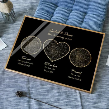 

Real gold foil 3 locations custom star map constellation print 1 year first anniversary Personalized gift for him couple husband