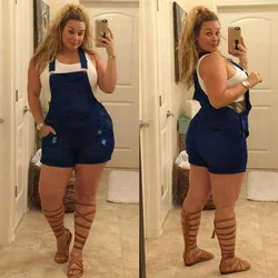 Macacão jeans para mulher plus size verão 2021 meados da cintura grandes calças curtas bolsos denim tiras de algodão moda casual mãe