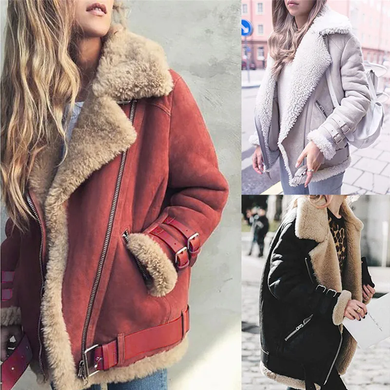 Зимнее женское флисовое пальто из искусственного меха, верхняя одежда, теплое байкерское пальто с отворотом, куртка-Авиатор, Дамское пальто из кожи оленя, вельветовое хлопковое пальто из овечьей шерсти