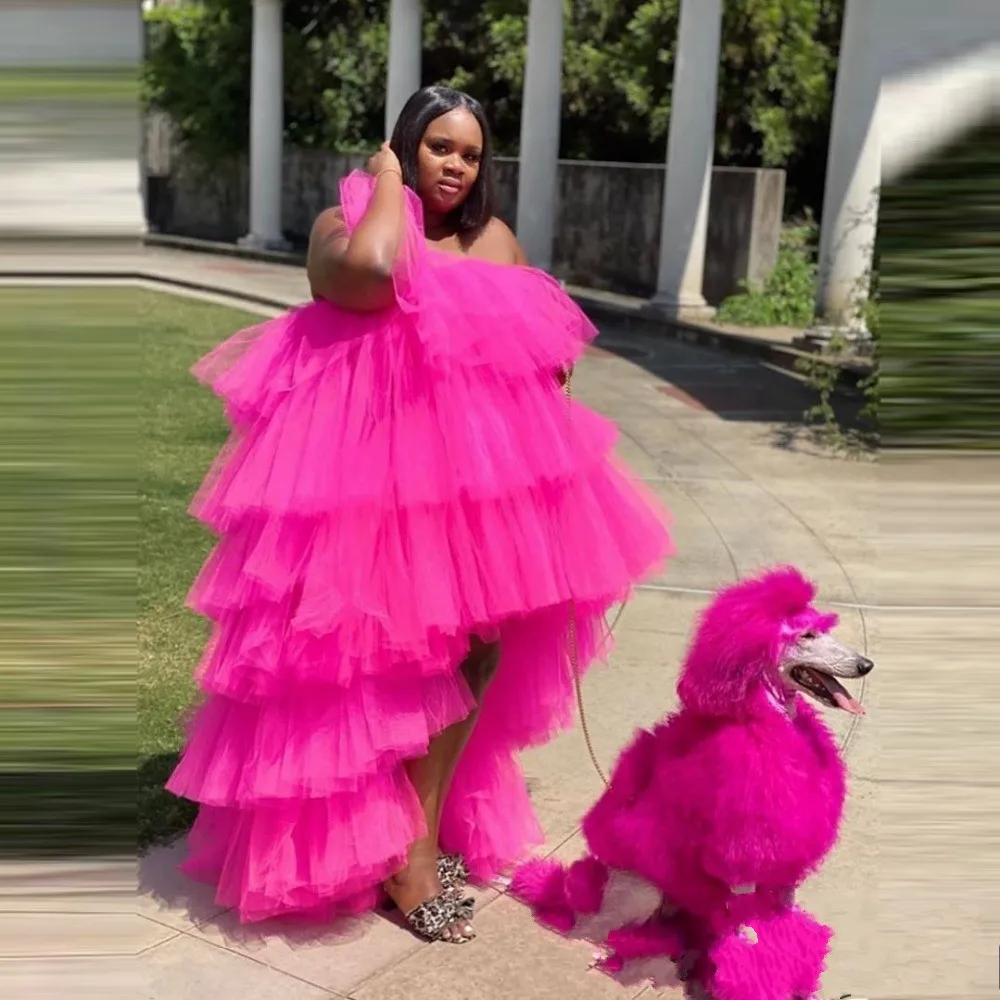 Vestidos de Festa de Tule Feito sob Encomenda Inchado em Camadas Robe de Soiree Deslumbrante Longo Exuberante Extra Alto Baixo Inchado Vestidos Longue 2 exuberante feito sob encomenda inchado em camadas