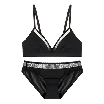 

Simple French Bra Triangle Ultra Thin Wireless Ice Silk Bra Panty Set Bralette with Mesh Underwear Women Lingerie White Black