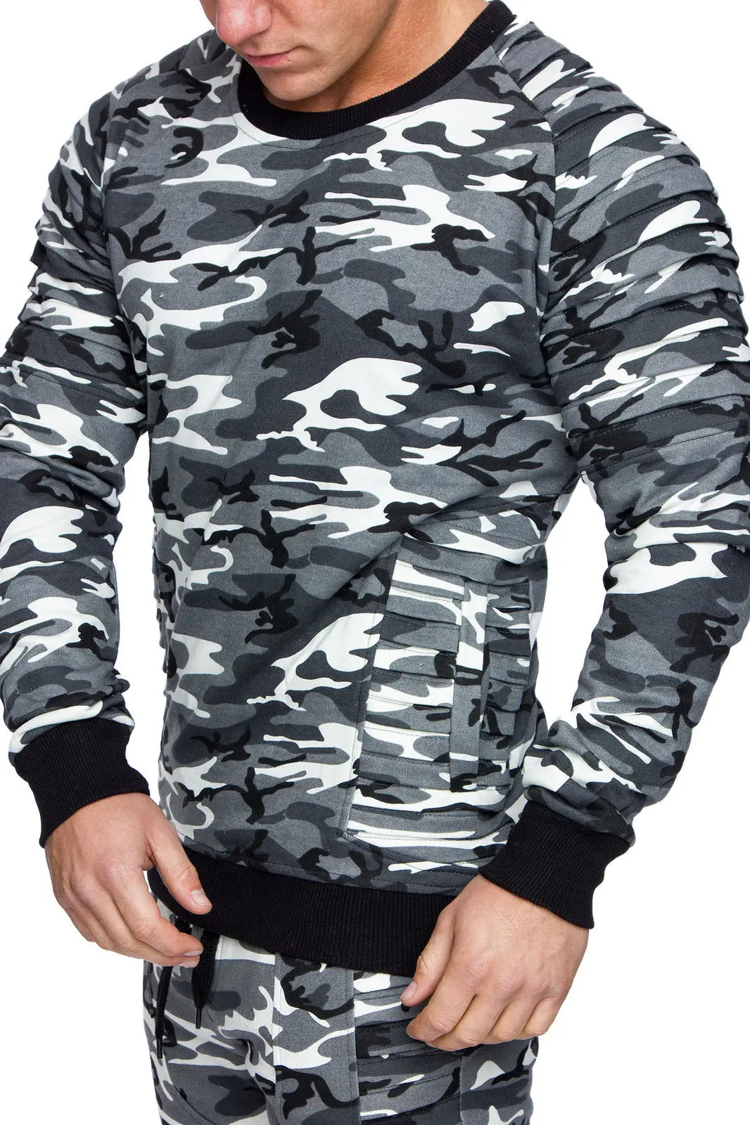 

Puimentiua men's sweatshirt camouflage multi-pleated striped shirt round neck sweatshirt slim sweatshirt top 2019 new