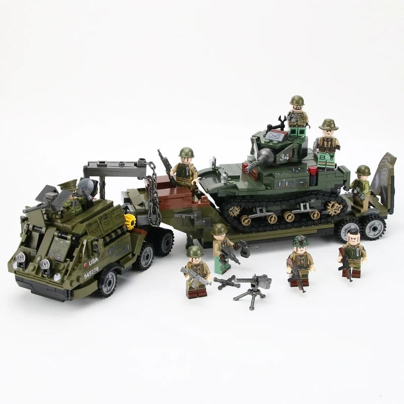BEST QUALITY Military US Army dragon heavy Trailer Stuart tank Building Blocks Military WW2 Army Soldiers Figure