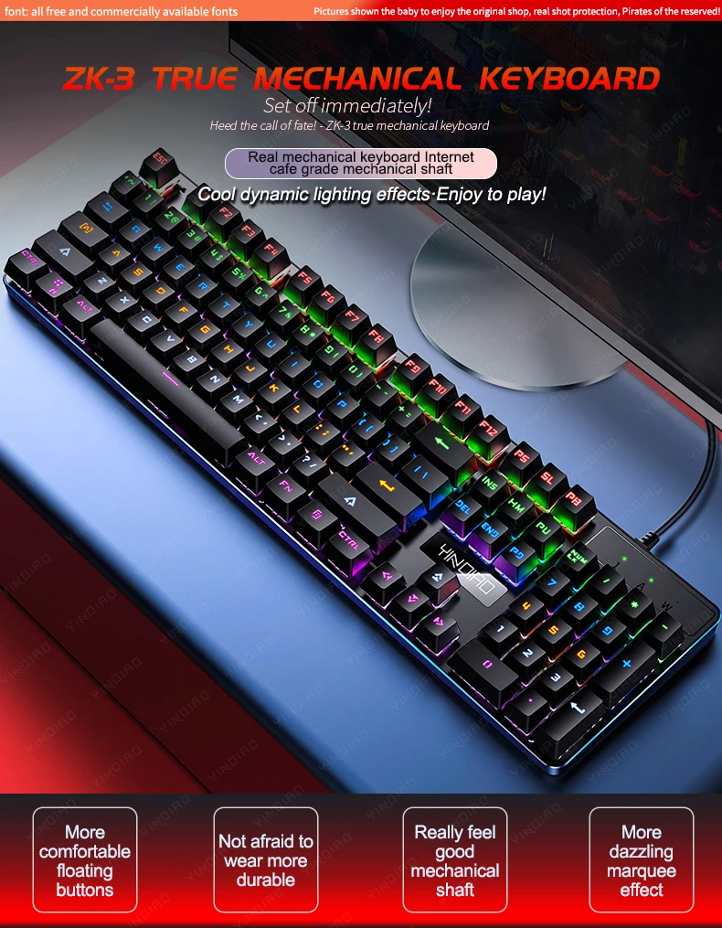 teclas wired gaming teclado preto azul eixo