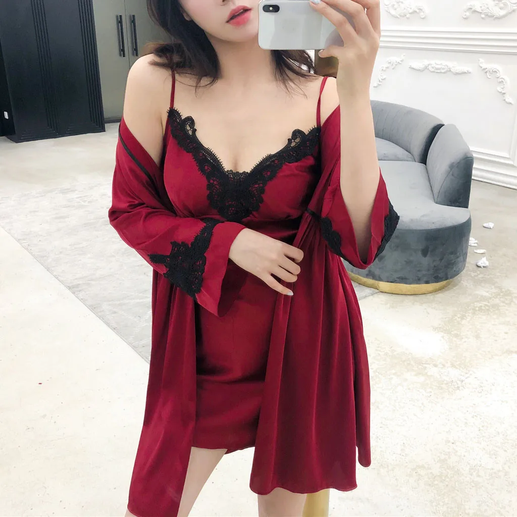 Осенние женские наборы ночных рубашек 2 шт ночной халат женский атласное кимоно банное платье пижамы розовый халат костюм ночная рубашка@ 50