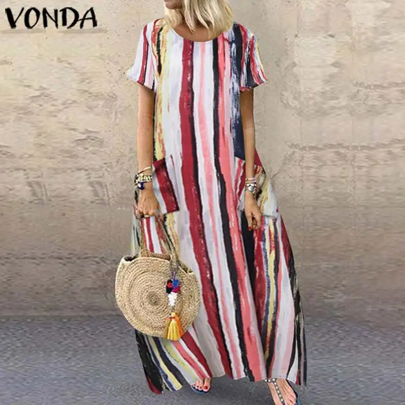 

VONDA Vintage Printed Dress Bohemian Women Casual Party Long Maxi Dresses 2020 Summer Sundress Plus Size Vestidos Loose Robe