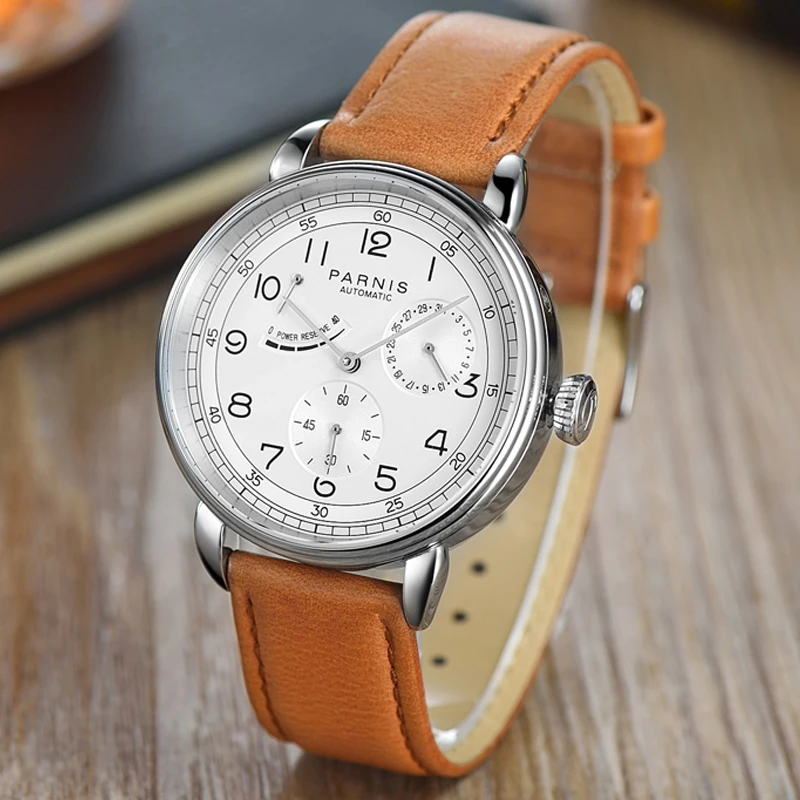 Модные Parnis 42 мм автоматические механические мужские часы с серебристым корпусом и календарем Мужские часы reloj Marca Hombre de lujo relogio