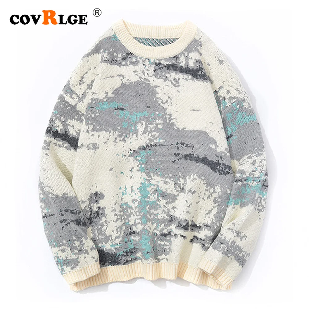 Covrlge Oversize Round Neck Men's Knit Sweater Pullover Korean Version Trend Loose Camouflage Retro Lazy Style Male MZM118