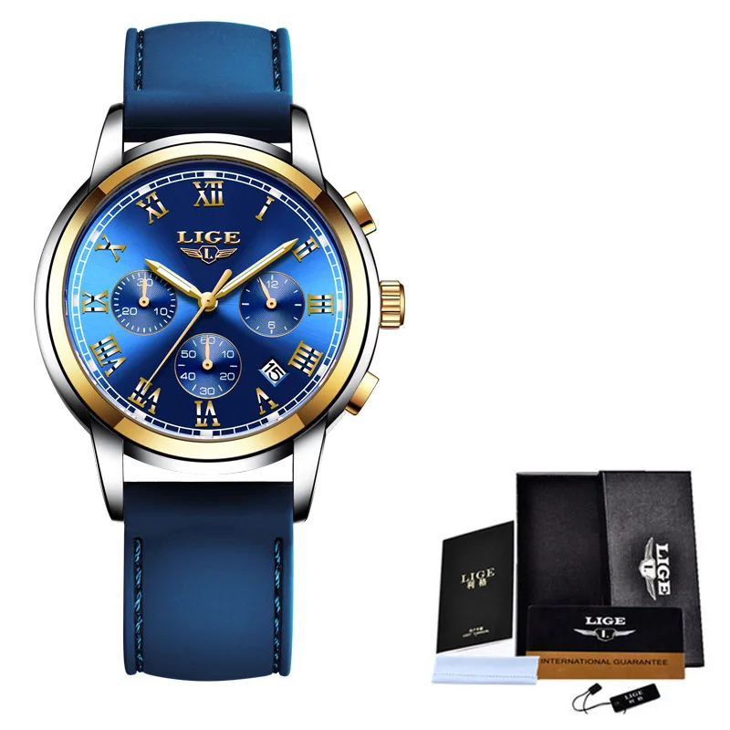Rose gold blue Новые мужские часы люксовый бренд LIGE Хронограф Мужские спортивные часы водонепроницаемые силиконовые кварцевые мужские часы Relogio Masculino - Цвет: Rose gold blue