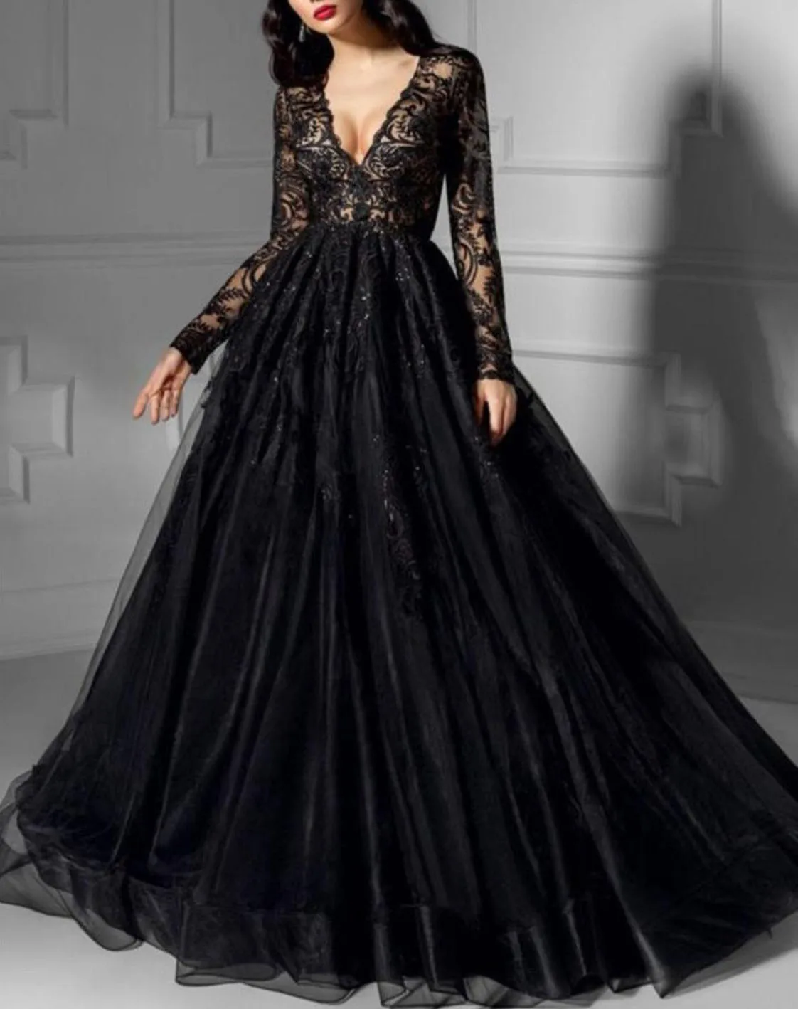 Black Tulle Lace Bridal Gown Princess Simple Feminine V-Neck Cut-Out Long Sleeves Sequins Pure Color Party Dresses Plus Size dinner gown