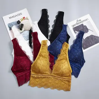 Sujetador con escote en V profundo para mujer, Bralette Sexy transpirable con encaje acolchado, lencería de Color sólido, sin aros, sujetador de Jacquard para mujer