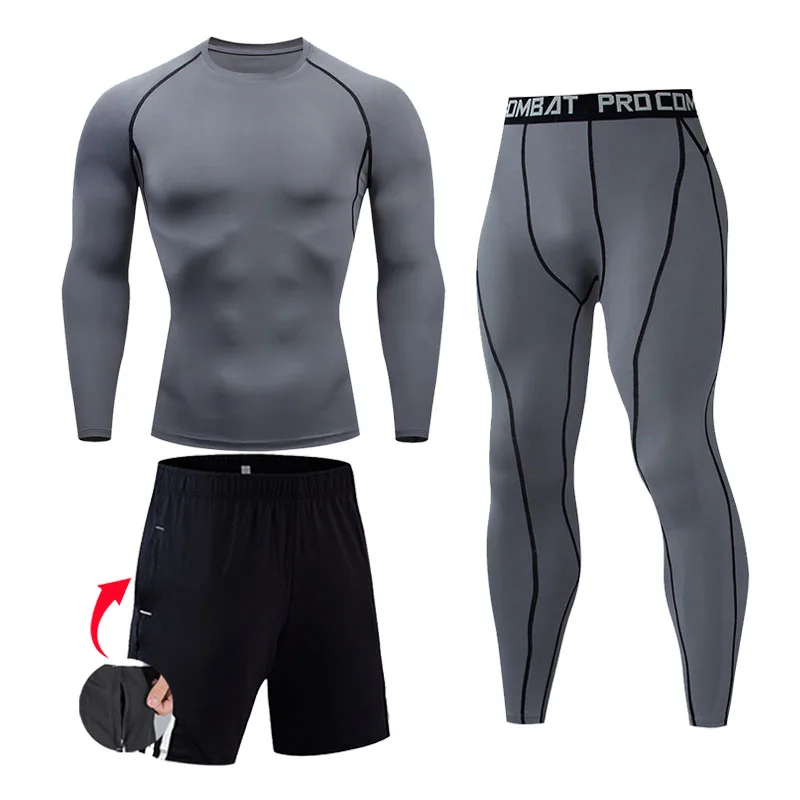 

Men Compression set MMA Long Sleeve T-shirt Men's Tight Pants Fitness Bodybuilding Clothes Skull Top Rashguard Sport Suit Men